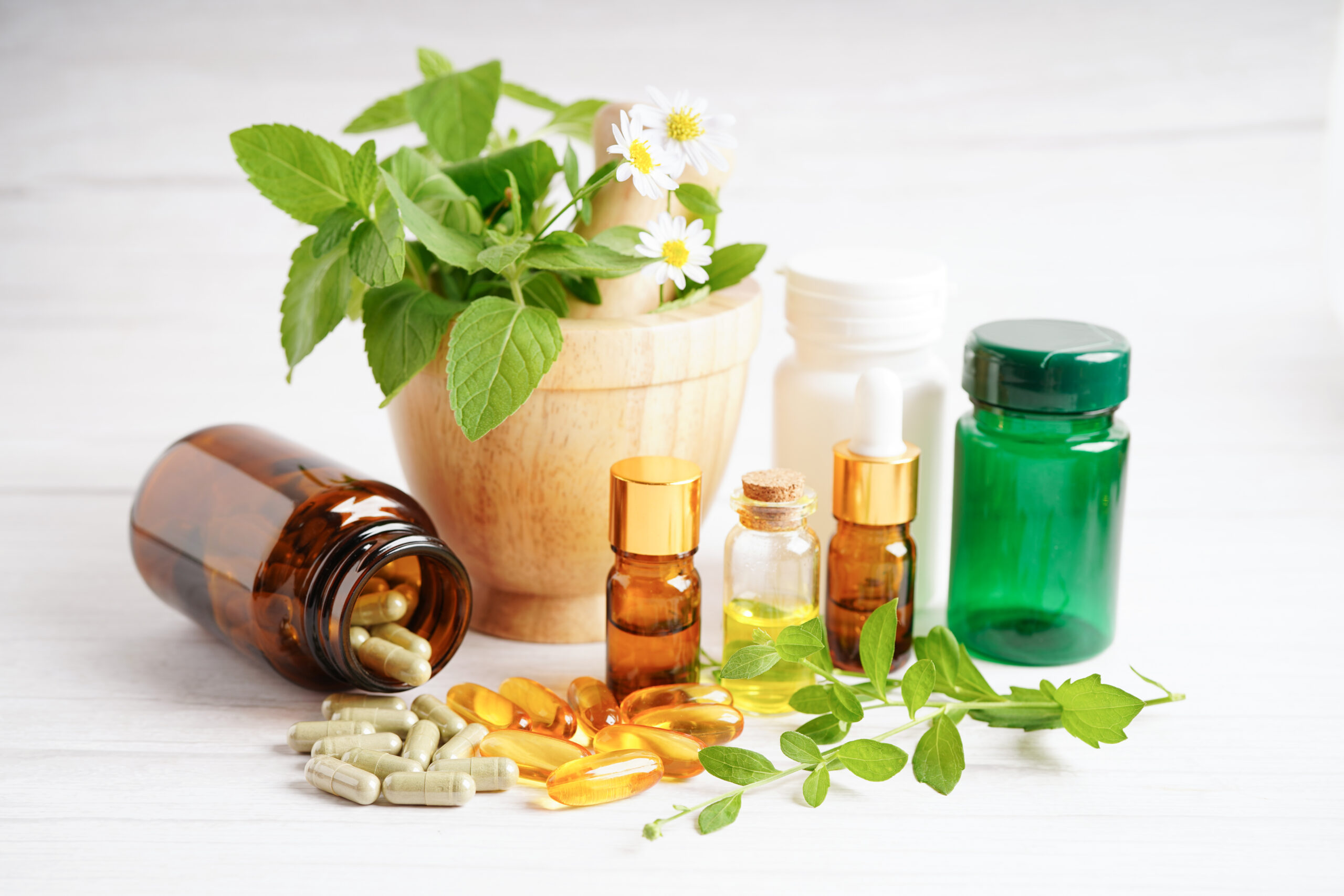 Alternative medicine herbal organic capsule with vitamin E omega