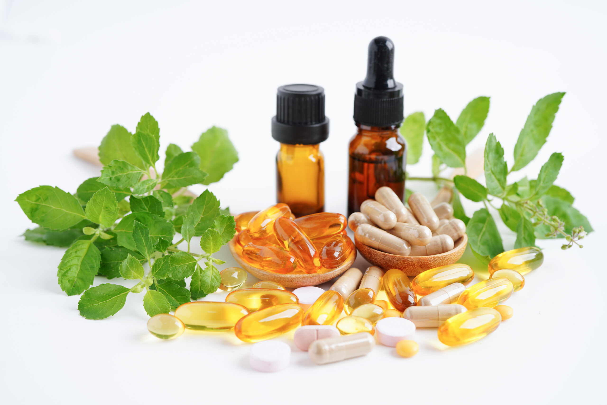 Alternative medicine herbal organic capsule with vitamin E omega