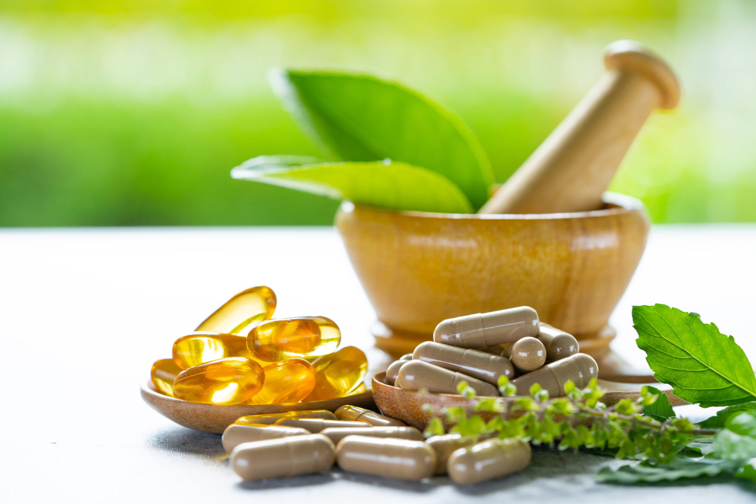 Alternative medicine herbal organic capsule with vitamin E omega